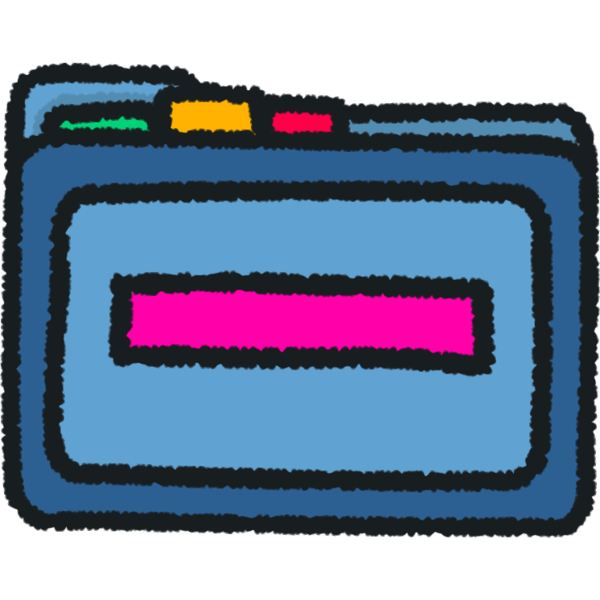 A blue folder with 3 colored tabs sticking out the top. On the front is a horizontal pink rectangle.